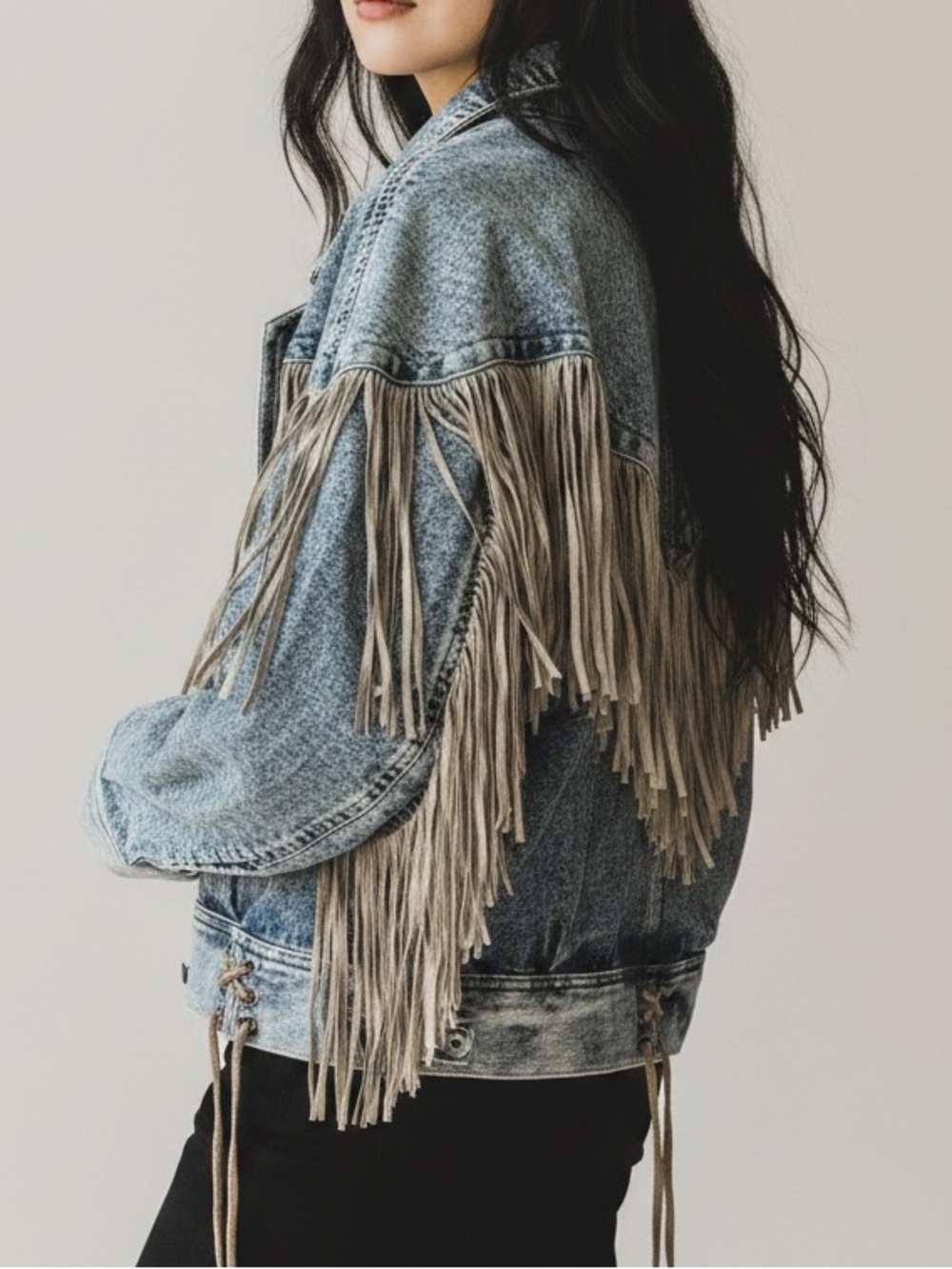 Vintage East West Western Fringe Denim Jacket L Leather Tassel As Is shoe piece